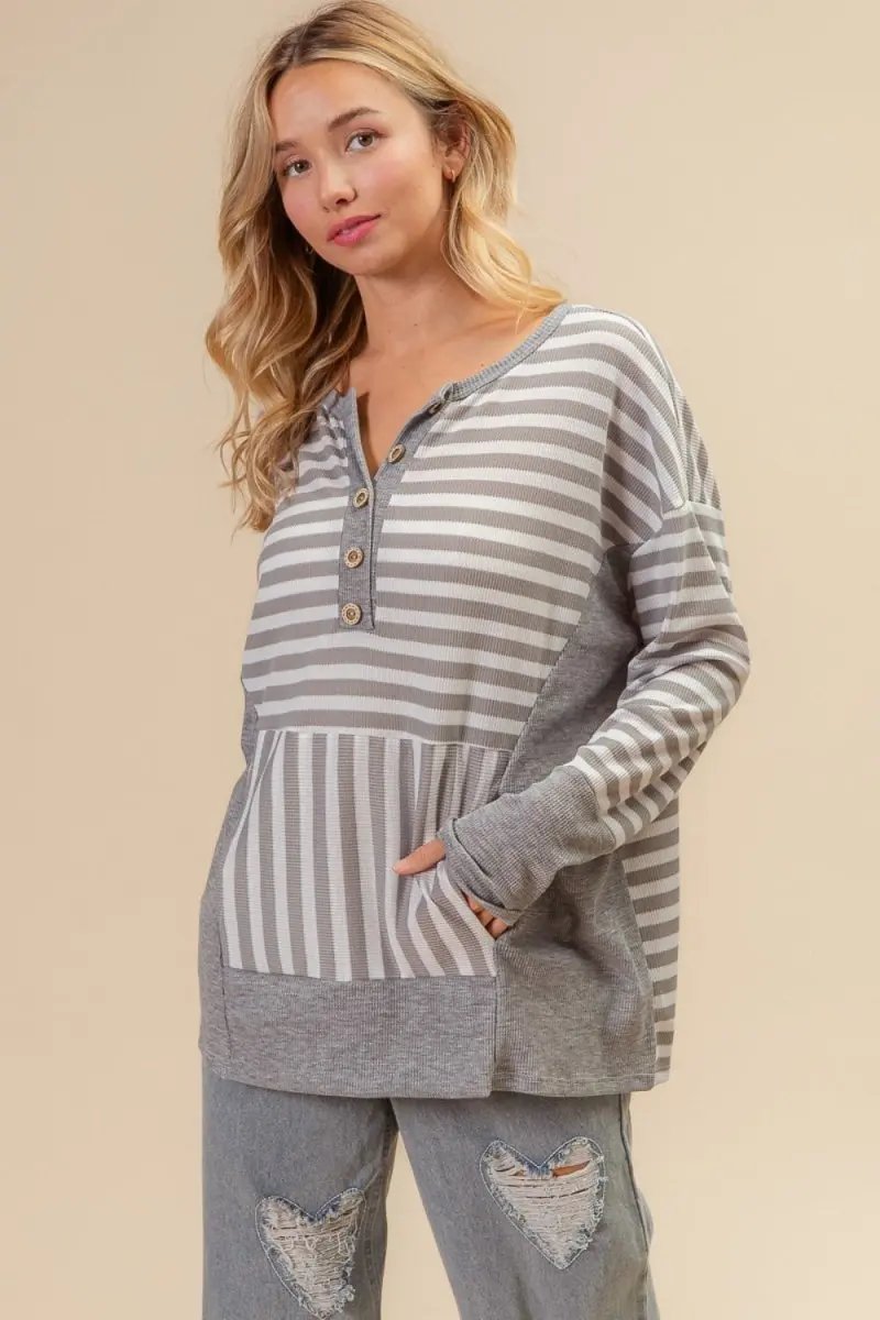 BiBi Striped Thumbhole Long Sleeve Top for Winter Wear - Love Salve
